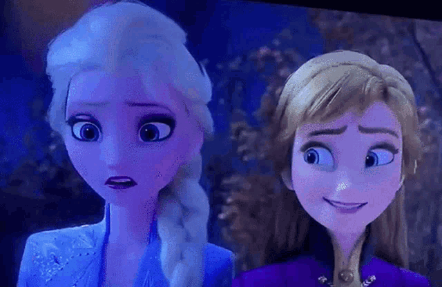 a close up of two cartoon characters , elsa and anna , from the movie frozen .