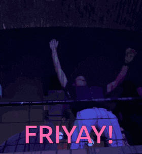 a man with his arms in the air and the words fri yay in red