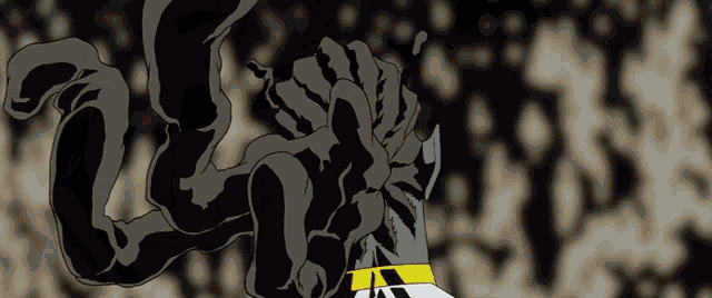 a black and white drawing of a monster with a yellow belt