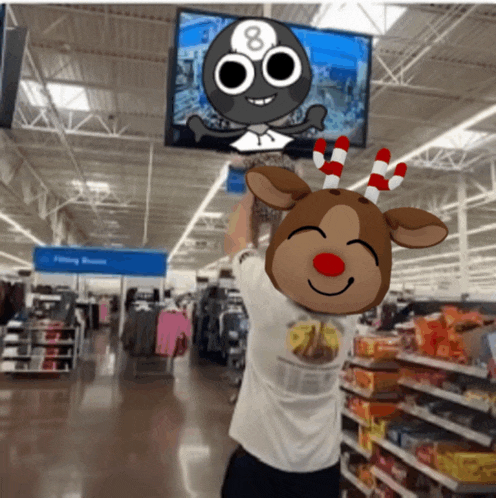 a person wearing a reindeer mask holds up a sign with the number 8 on it in a store