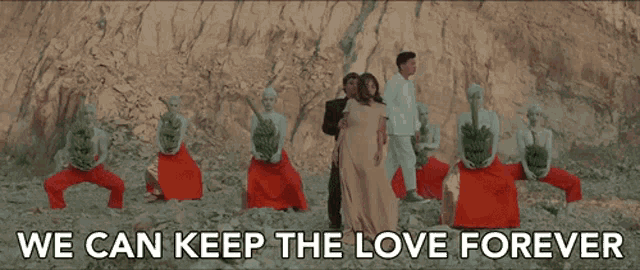a group of people standing in the dirt with the words we can keep the love forever below them