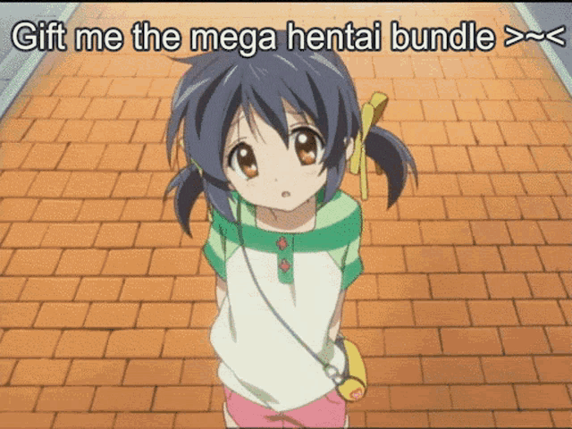 a picture of a girl with the words gift me the mega hentai bundle on the bottom