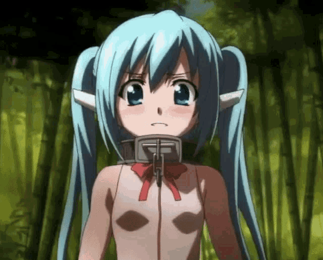 a girl with blue hair is wearing a collar