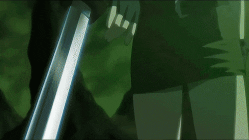 a person is holding a sword in their hand with a green background