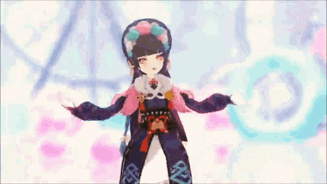 a cartoon girl with black hair and red eyes is standing in front of a blue and pink background .