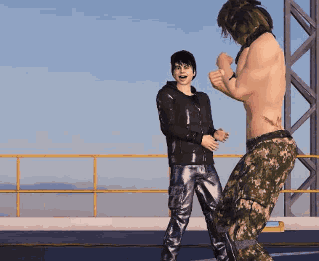 a man with a tattoo on his back stands next to a shirtless man