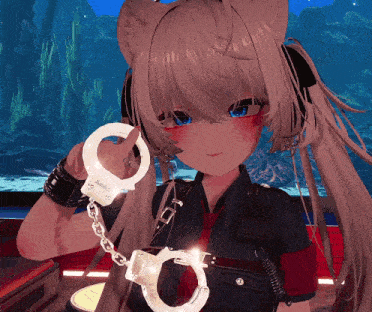 a girl in a police uniform is holding a pair of handcuffs with the word justice on it