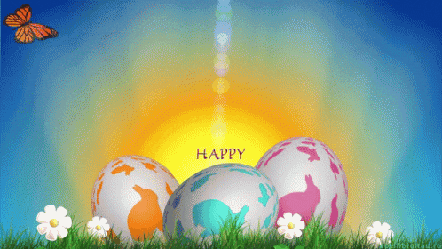 three colorful easter eggs are in the grass with the words happy written on the bottom