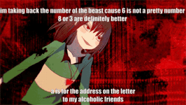 a picture of a girl that says im taking back the number of the beast