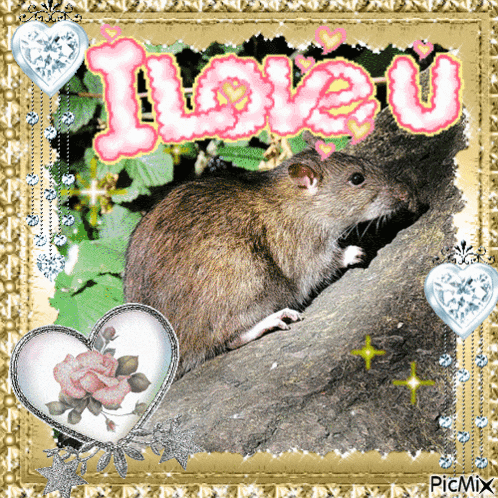 a picture of a rat with the words i love u written on it