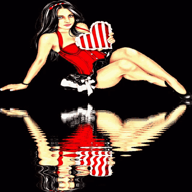 a woman in a red corset is holding a red and white striped heart
