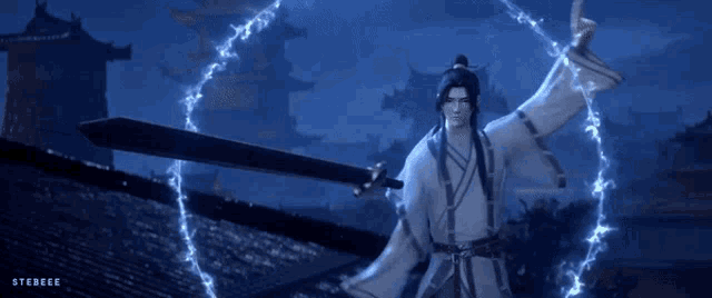 a man in a white robe is holding a sword in his hand and pointing at it .