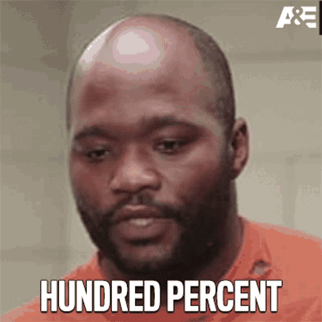 a bald man with a beard is wearing an orange shirt that says " hundred percent "