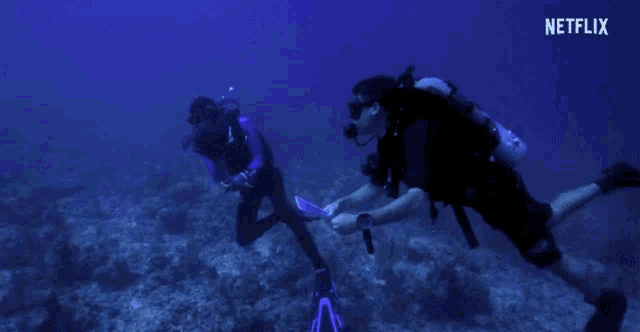 two scuba divers are holding hands in the ocean with a netflix logo in the corner