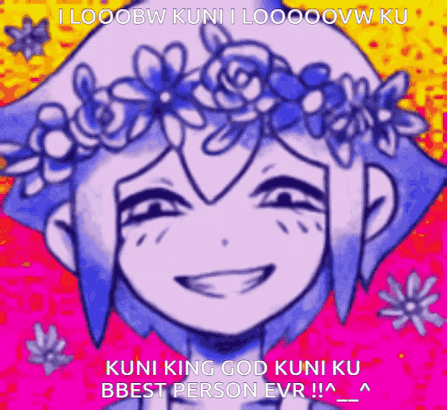 a drawing of a girl with a flower crown on her head with the caption " kuni king god kuni ku best person ever "