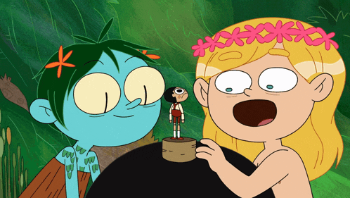 a cartoon of a girl with flowers in her hair standing next to another girl