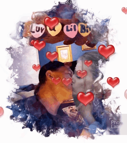 a painting of a man and woman kissing with hearts surrounding them and a sign that says " luv & lib "