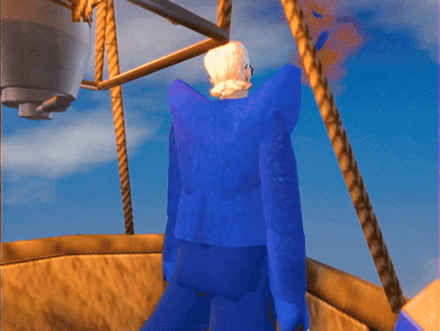 a man in a blue suit is standing in a boat