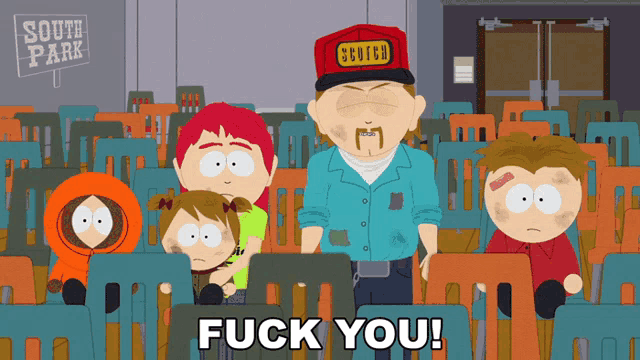 a group of south park characters are sitting in a stadium and one of them is wearing a red hat with the word scotch on it