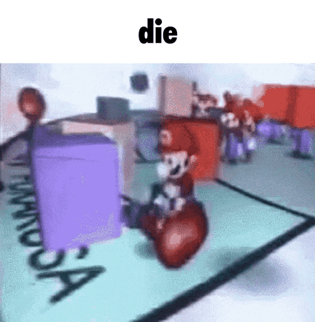 a blurred image of mario playing monopoly with the words die above him