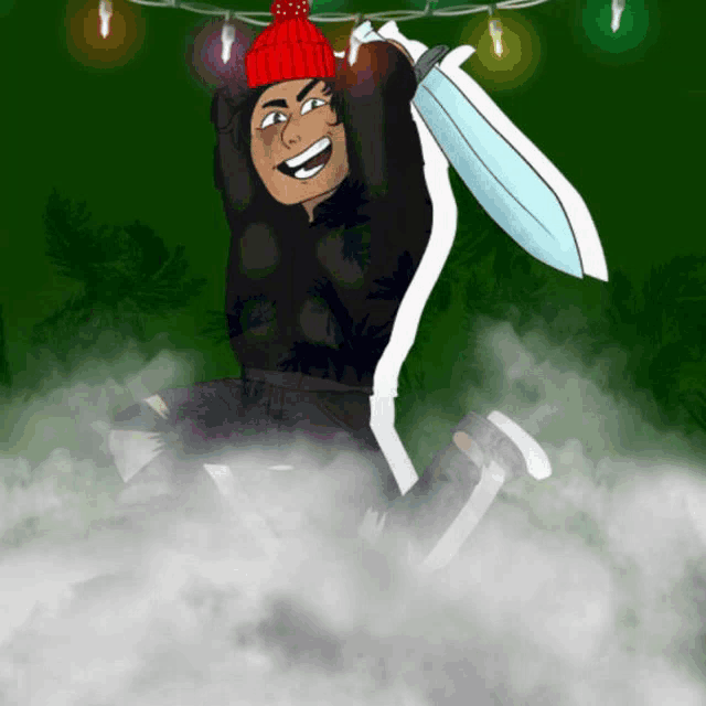 a cartoon of a person holding a sword in the air