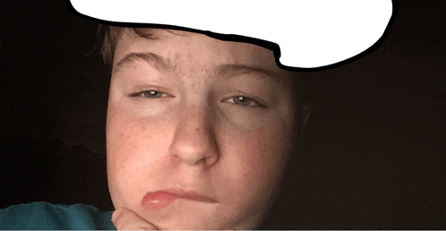 a boy with a speech bubble on his head