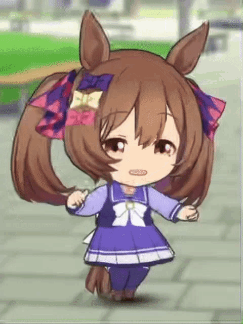 a little girl is standing on a sidewalk wearing a purple dress and a sailor uniform .