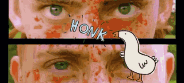 a cartoon drawing of a duck with honk written in blue