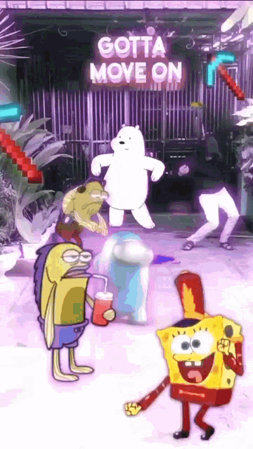 a sign that says gotta move on hangs above a group of cartoon characters