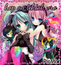 a couple of anime girls hugging each other with the words hop on tiktok written on the bottom