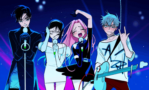 a group of anime characters are singing into microphones and one of them has the letter a on his shirt