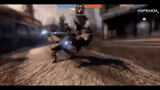 a video game is being played on a computer and a robot is flying through the air .