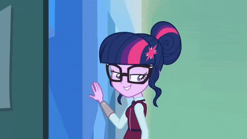 twilight sparkle from my little pony equestria girls wearing glasses and waving