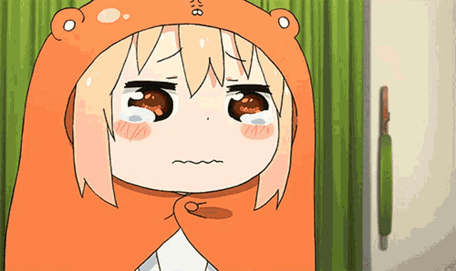 a cartoon girl wearing an orange hood with the number 8 on it is crying