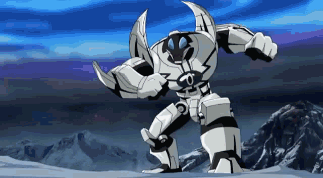 a robot is standing in the snow with mountains in the background