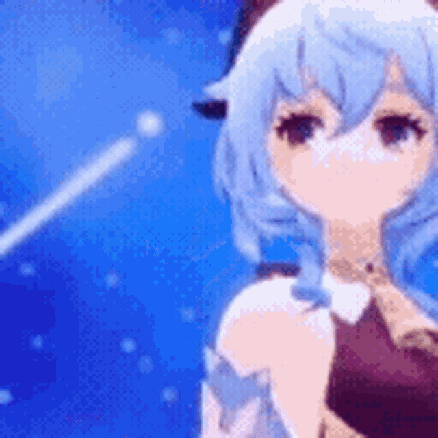 a close up of a anime girl with blue hair standing in front of a blue sky .