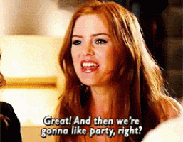 a woman with red hair is smiling and saying great and then we 're gonna like party right ?