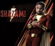 a poster of shazam holding a cell phone
