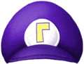 a purple hat with a yellow r on it