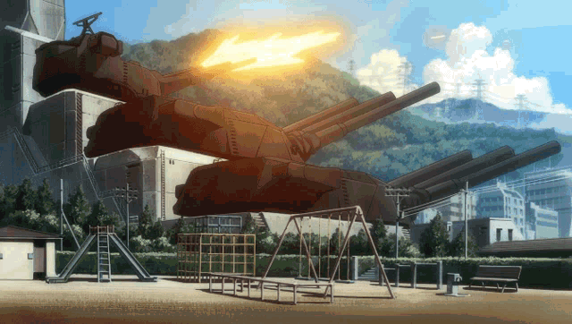 a cartoon drawing of a playground with a cannon shooting a rocket