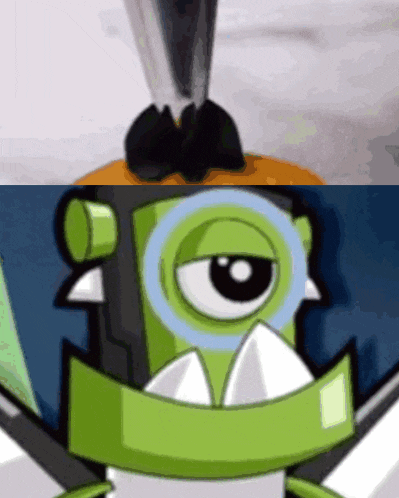a close up of a green cartoon character 's face with a white eye