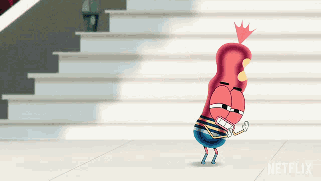 a cartoon character is standing in front of stairs and the word netflix is on the floor