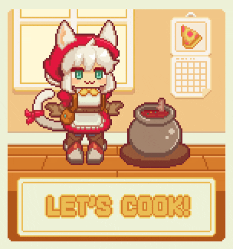 a pixel art of a little red riding hood cooking