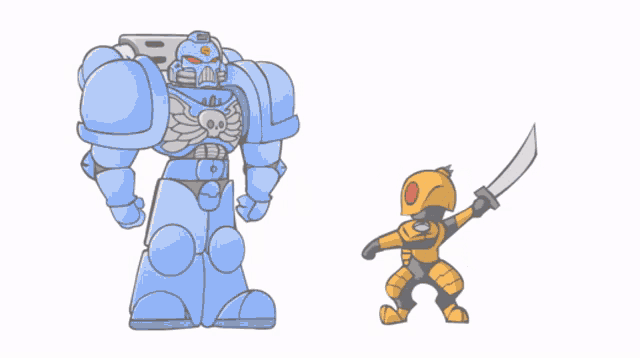 a blue robot with a skull on it stands next to a smaller robot