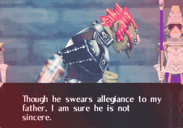 a screenshot of a video game with the words though he swears allegiance to my father i am sure he is not sincere