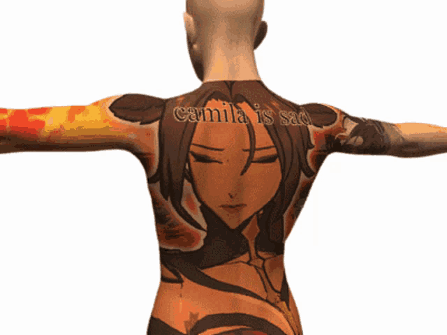 a man has a tattoo of a woman on his back that says camila is sad