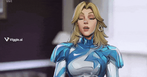 a cartoon of a woman in a blue and white suit with the words viggle.ai on the bottom right