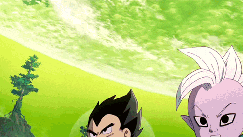 a couple of cartoon characters standing next to each other on a green field