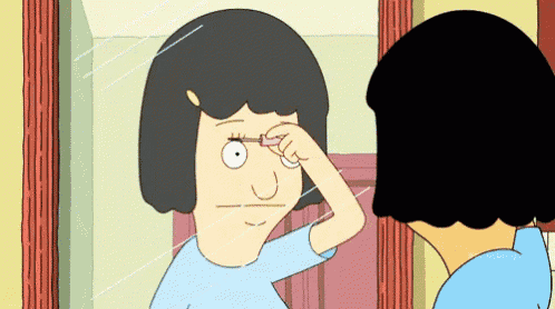 a cartoon woman is looking at her eyebrows in a mirror
