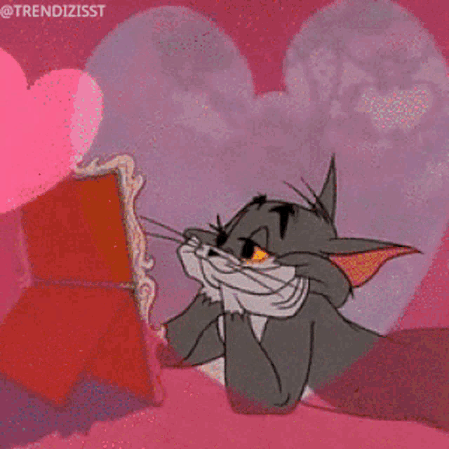 a cartoon cat is looking at himself in a mirror with hearts in the background